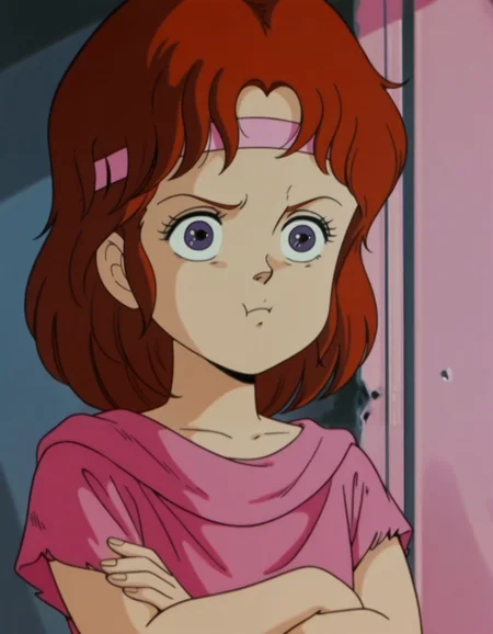 masterpiece, best quality, upper body, jealous, crossed arms, standing, face close-up, solo, portrait, pout,
<lora:Lin:1>, L1n, red hair, headband, purple eyes, female child, retro artstyle, torn clothes, shirt, retro artstyle, anime coloring,