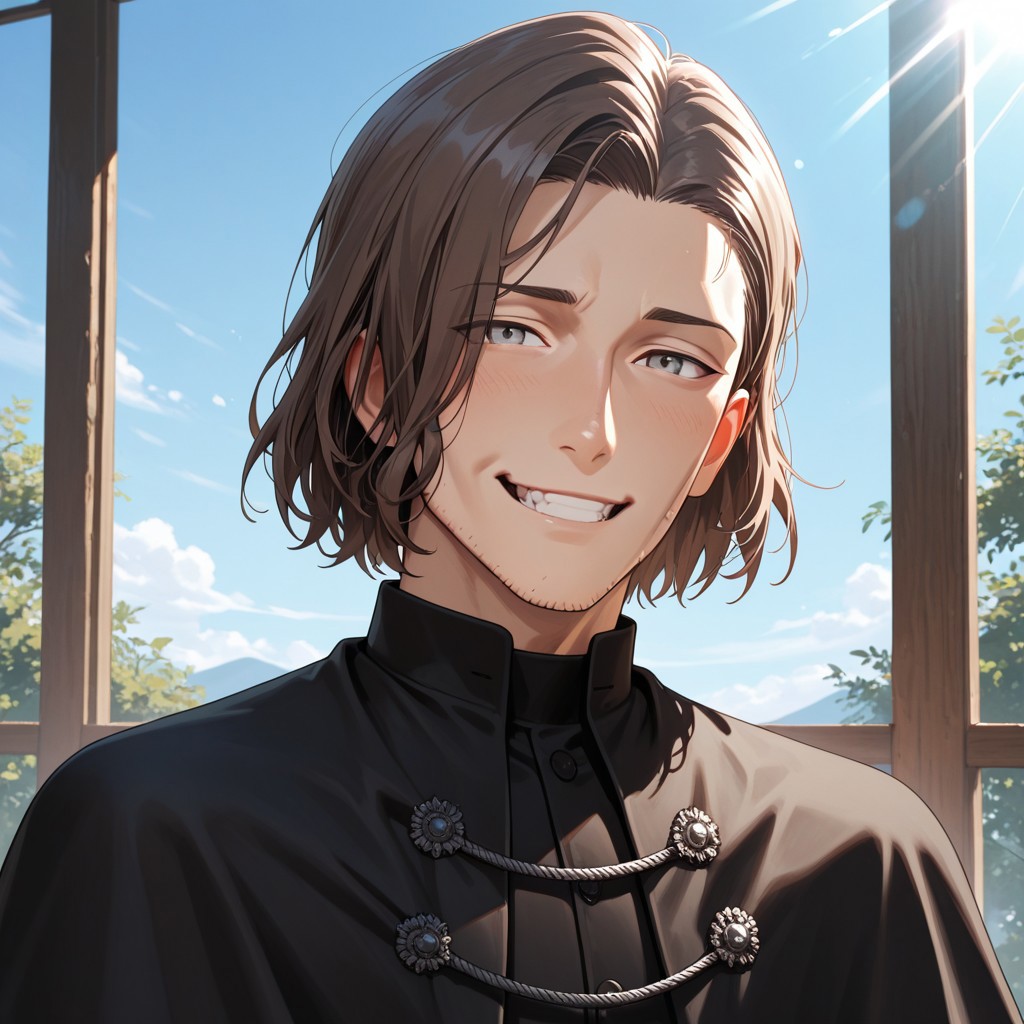 masterpiece, best quality, amazing quality, absurdres, newest, detailed background, definition so sharp, Ultra-HD, 8K cinematic, very awa, impressionate, amazing quality, highres, 
solo, male focus, manly, day, sunbeam, blue sky,
tenkeiiwafune, iwa_brunette, iwa_grey eyes,
1boy, short hair, cheekbones, stubble, priest, black capelet, black robe, 
happy expression, giggling, looking at viewer, v