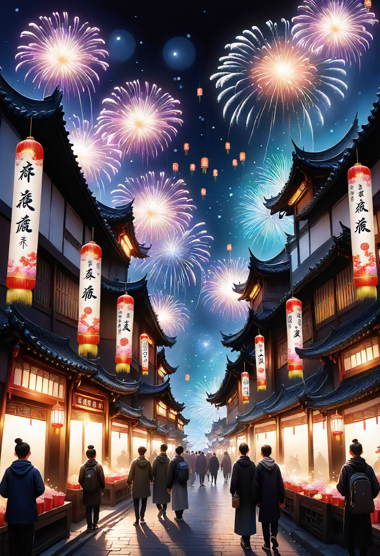lunar newyear, Ink and wash painting, Cheerful, Spring scrolls, Vertical banners with wishes for the new year, Flowers Plum blossom, Cityscapes, Illuminated by festive lights, lanterns, and decorations, with crowded streets and markets, Fireworks and firecrackers, Firecrackers  <lora:SDXL\DetailedEyes_V3> <lora:ClearHand-V2> <lora:released\DonM3t3rn1tyXL-v1.1-000008>
