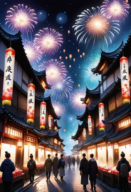 lunar newyear, Ink and wash painting, Cheerful, Spring scrolls, Vertical banners with wishes for the new year, Flowers Plum blossom, Cityscapes, Illuminated by festive lights, lanterns, and decorations, with crowded streets and markets, Fireworks and firecrackers, Firecrackers <lora:SDXL\DetailedEyes_V3> <lora:ClearHand-V2> <lora:released\DonM3t3rn1tyXL-v1.1-000008>