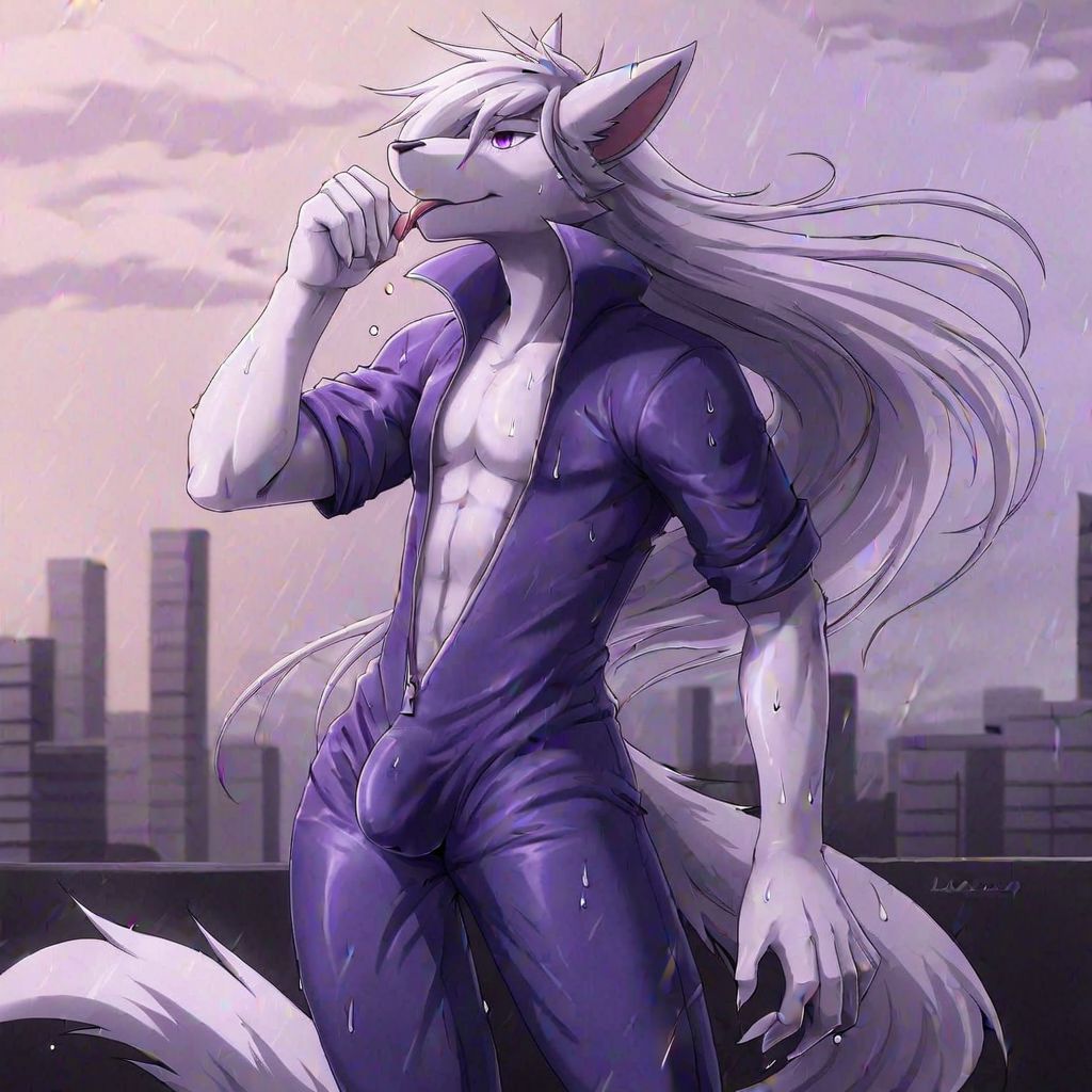 wolfrun,  purple eyes, white scalera, long hair blowing in the wind, tail blowing in the wind, open shirt, unzipped shirt, licking fingers sexually, penis bulge, five finger hands, wet body, light rain, city background