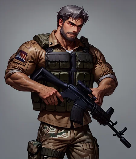 score_9, score_8_up, realistic, rating_questionable, bif, facial hair, beard,
<lora:clothes_military-combat-uniform-ponyxl-lora-nochekaiser:.7> military combat uniform, camouflage jacket, camouflage, load bearing best, camouflage pants, soldier, bulletproof vest, combat helmet, assault rifle, rifle,
<lora:face_Adray_Lasbard:1>, AdrayLasbard, mature male, grey hair, short hair, red eyes, facial hair, mustache, muscular, arm tattoos,
glossy skin, 1 muscular male, handsome, short hair, detailed background, bara,, mature,
<lora:egg_leonard-04:.4><lora:style_Concept Art DarkSide Style LoRA_Pony XL v6:1><lora:slider_skin tone slider_last:-1>,<lora:slider_Body Type_alpha1.0_rank4_noxattn_last:1>