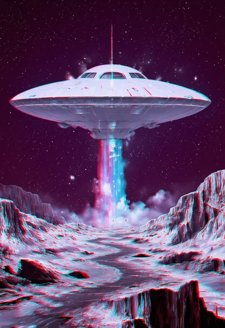 An expansive, surreal landscape stretching endlessly in a distorted fisheye perspective, bathed in washed-out neon and overexposed anaglyph hues. At the center looms a colossal, ghostly UFO, its sleek, metallic surface shimmering with eerie luminescence. The UFO’s circular core glows ominously, pulling in fragments of reality like gravitational singularities. The surrounding terrain glitches and fractures as if the very fabric of existence is unraveling—vibrant chromatic aberrations bleed through the scene, while flickering white burns and ghostly light leaks pulse with chaotic energy. Jagged mountains, twisted forests, and crumbling ruins warp toward the UFO, drawn in by its inescapable pull, their edges dissolving into shimmering pixelated fragments. The sky is a turbulent canvas of bleeding reds, electric blues, and glitching violet hues, as distant black holes bend the light around them, distorting the horizon into a dreamlike, broken reflection of a crumbling digital reality.