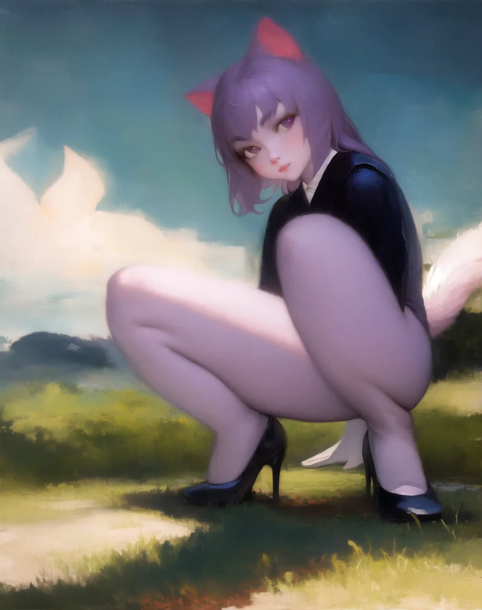 beautiful, masterpiece, best quality, masunya, cat ears, (purple skin color:1.1), outdoors, squatting, legs spread, , fisheye,<lora:my_LoRA_masunya_v3:0.8> by Jeremy Lipking, by William Bouguereau, (by Alphonse Mucha:0.5),, stiletto heels, thighs, <lora:my_LoRA_stilettoHeels_v1:0.6>