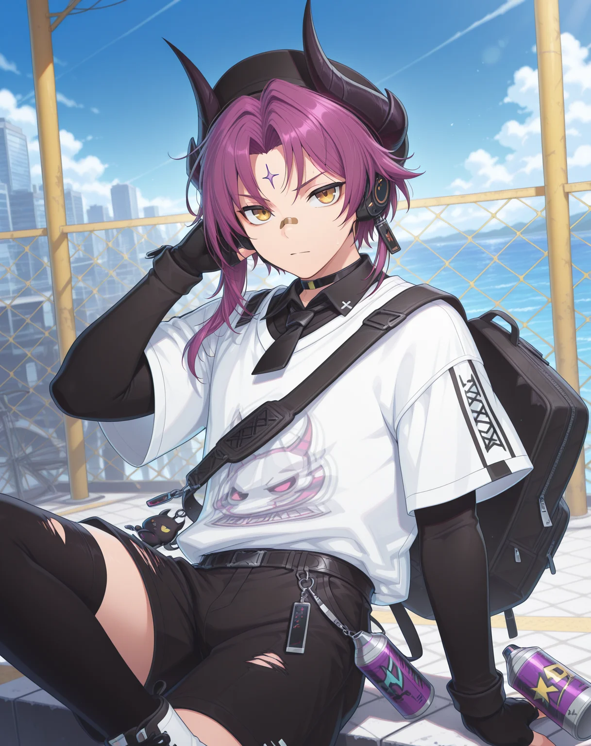 masterpiece, amazing quality, best quality, absurdres, very aesthetic,
1boy, solo, yaoi, male focus, cowboy shot, upper body, looking at viewer, face focus,
<lora:Veigas_T_Hidden_Street_ilxl:1> veigaststreet, black horns, purple hair, yellow eyes, bandaid on nose, bandaid on face, forehead mark, eyebrow piercing, parted bangs,short hair with long locks, asymmetrical hair, demon horns,
white shirt, layered sleeves, short sleeves, black shirt, short over long sleeves, collared shirt, fingerless gloves,torn clothes, choker, cross-laced footwear, black headwear, hat, black gloves,
black shorts, black thighhighs, shoes,black footwear,sneakers,boots, white footwear,
holding can, charm (object), headphones, holding bottle, water bottle, spray can, bag charm, backpack, black bag,
outdoors, day, blue sky,