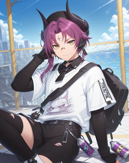 masterpiece, amazing quality, best quality, absurdres, very aesthetic,
1boy, solo, yaoi, male focus, cowboy shot, upper body, looking at viewer, face focus,
<lora:Veigas_T_Hidden_Street_ilxl:1> veigaststreet, black horns, purple hair, yellow eyes, bandaid on nose, bandaid on face, forehead mark, eyebrow piercing, parted bangs,short hair with long locks, asymmetrical hair, demon horns,
white shirt, layered sleeves, short sleeves, black shirt, short over long sleeves, collared shirt, fingerless gloves,torn clothes, choker, cross-laced footwear, black headwear, hat, black gloves,
black shorts, black thighhighs, shoes,black footwear,sneakers,boots, white footwear,
holding can, charm (object), headphones, holding bottle, water bottle, spray can, bag charm, backpack, black bag,
outdoors, day, blue sky,