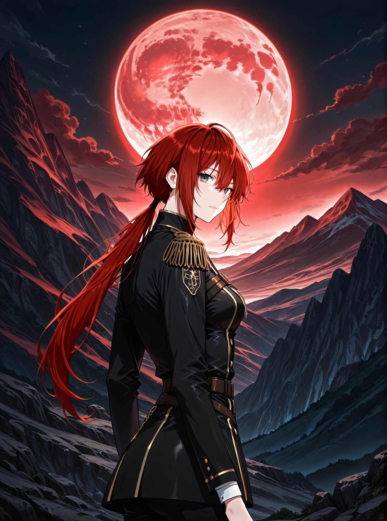 <lora:Claire_Bladeheart__The_Beginning_After_the_End__Illustrious:1>
1 girl, solo, grey eyes, red hair, ponytail, low ponytail, long hair, hair between eyes, bangs, black uniform, black jacket, black pants, epaulettes, long sleeves, belt, double-breasted
score_9, score_8_up, score_7_up, source anime, BREAK, cowboy shot, (from side), looking back, looking at viewer, overlooking mountain, high altitude, scenery, exterior, background, (solo), night, red moon,  <lora:iLLMythG0thicL1nes:1>