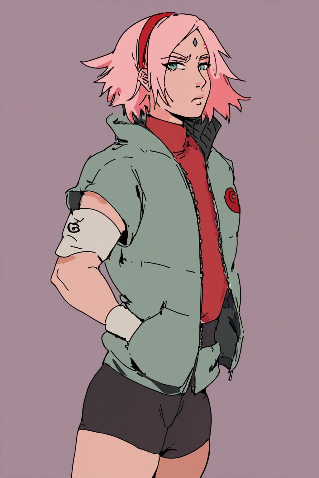 score_9, score_8_up, score_7_up, naruto: the last, haruno sakura, bike shorts, black gloves, black shorts, diamond facial mark, facial mark, forehead mark, green eyes, hairband, jacket, parted bangs, pink hair, red hairband, short hair, short shorts, shorts, sleeveless, sleeveless jacket, solo, solo focus, portrait, lavender background, Standing with hands on the hips, looking determined, <lora:choo:1>