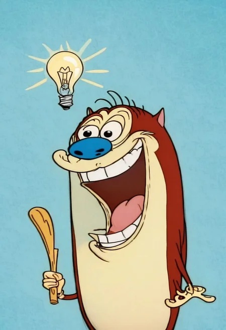 upper body, stimpy, expression, laughing, teeth, light bulb moment above head, eureka, pale blue background,
no humans, easynegative, By bad artist
