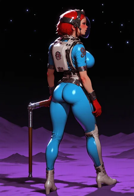 cinematic depiction of a lone woman standing on a desolate purple moon surface, surrounded by the blackness vastness of space. She wears a sleek, form-fitting **light blue retro space suit**, accentuating her slim, athletic physique with subtle muscle definition. She is turning her upper body, showing her front torso to the viewer, from a back side view from the right. Her wide walking action stance is powerful, legs wide apart, perfect ass, pointy big breasts, gripping a **retro-futuristic long pistol** in her right hand, its barrel still smoking.  
A striking contrast of colors enhances her presence—**bold red gloves**, pristine **white talon boots**, and a **large round glass helmet** reflecting the distant stars, seamlessly connected to a breathing backpack via tubes. A **vintage short red hairstyle with a dark hair band across**, red lips, and flawless white skin define her striking appearance. A **white holster** secures to her right thigh, while a **white utility belt** with pouches wraps her waist, adding tactical functionality.
The background is a vast cosmic abyss, **countless white stars** punctuating the darkness, evoking isolation, mystery, and resilience. Intricate details—fabric textures, metallic reflections, and celestial glows—enhance the realism. A composition of contrasts—**vivid color against the cold void, human strength against the unknown** in retro sci-fi perfection. dramatic light, Perfect hand, Detailed hand,