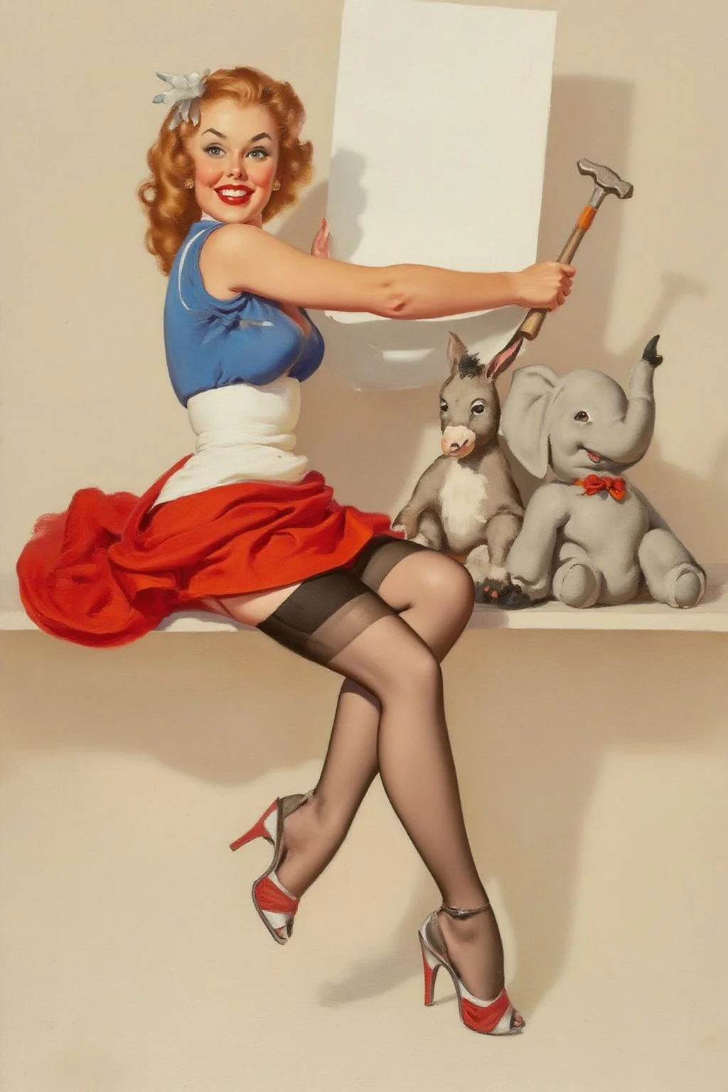gilelvgren1 illustration.
A woman dressed in a blue top and a red skirt, with black stockings and high-heeled shoes. She is posed on a shelf, leaning slightly forward with one leg crossed over the other. She holds a hammer, and her other hand is holding a piece of white cardboard against the wall. She is turning her head to look directly at the viewer. On the right are two plush toys on the shelf: one is a toy elephant and the other is a toy donkey. The background is plain. <lora:gilelvgren1_d8a4e9a:1.0><lora:867330349619792919:0>