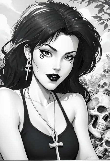 dsk_death, 1girl, earrings, jewelry, necklace, ankh necklace, monochrome, traditional media, sketch, black lips, cross earrings, long hair, lipstick, makeup, skull, looking at viewer, comic art style, death_of_the_endless\(sandman\), greyscale, monochrome, cinematic angle, cinematic lighting, BREAK zPDXL2 PonyXLV6_Scores