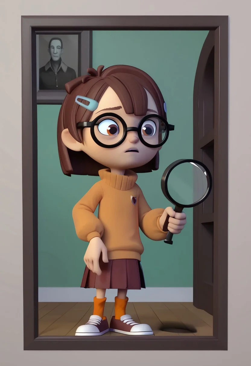 score_9, score_8_up, score_7_up BREAK ReneSpell, 1girl, brown bobcut, brown eyes, glasses, left blue barrette hairclip, orange turtleneck sweater, red pleated skirt, orange socks, red mary-jane shoes, cgi, source_cgi, girl, girl focus, full body, haunted house background, investigating, researching, holding magnifier,