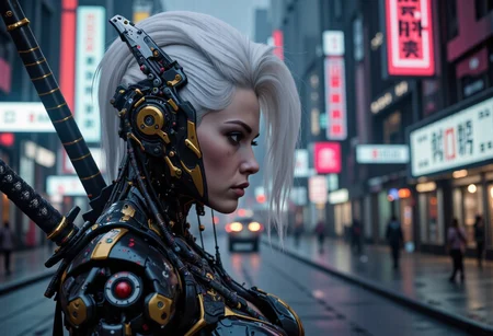 high angle camera view from above and at a distance, realism, skin texture style, Photo Quality Gorgeous Female Face, Ultra Pale Extremely White Skin, Tall White Mohawk Hair Style, detailed, facial expression style, High details face, High detailed Eyes, Full Body view, Mecharmor, futuristic, Jet Black with Very Dark Gold Trim Exosuit, Heavy Mech, Dynamic Aggressive Combat Pose, busty breasts, Cleavage with Covered Nipples, Exosuit, Extremely Low V cut top, Power Armor, futuristic, Tactical Futuristic Samurai Sword, Perfect hand, Heavy Mech, Armor Color Jet Black with Very Dark Gold Trim, Robot, Full body, Ready to strike, futuristic, (off-center composition, left aligned, Portrait),  Detailed hand, battle-worn, Gothic Neon Cyberpunk Night City Cityscape Background, cinematic film still glamorous photo dark art by Rafael Zabaleta, expressionism art by Asger Jorn, vibrant, Abstract expressionism, experimental painting techniques, bold bright colors, dynamic compositions, Expressionism, emotive brushwork, brilliant tones, dramatic lighting, introspective themes. high fashion, luxurious, extravagant, stylish, sensual, opulent, elegance, stunning beauty, professional, high contrast, detailed. shallow depth of field, vignette, highly detailed, high budget, bokeh, cinemascope, moody, epic, gorgeous, film grain, grainy