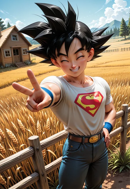 SmoothNoob_Quality, (toriyama akira:1.5), son goku, mature male, muscular male, white shirt, jeans, superman logo,^_^, grin, hand on hip, v, farm house, tall grass, wheat field, fence, nature, scenery, dynamic angle, foreshortening,​​​