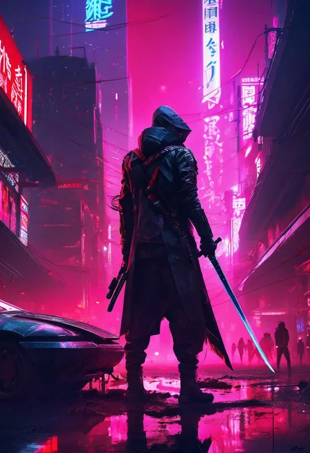 1man, katana, neon city, futuristic setting, badass, corpses and blood on the ground, epic, ((cyberpunk)), cataclysmic, absurdres, best quality, digital art style