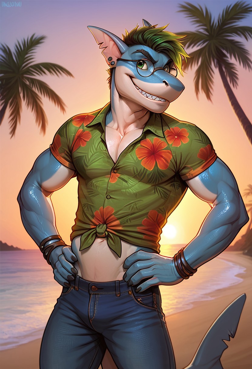 (Furry), 2 toned body, blue shark, dark blue body, green eyes, toothy smile, bracelet, large male, shark tail, jeans, Hawaiian shirt , soft expression
hands on hips, solo, buff, muscular, jock build
palm trees, beach, sand, sunset, jungle, shoreline, waves, ocean, scales, green hair, hispanic, messy hair, stud earrings, photo realistic, good shadows, score_9, score_8_up, score_7_up, (round_glasses22A:1.1)