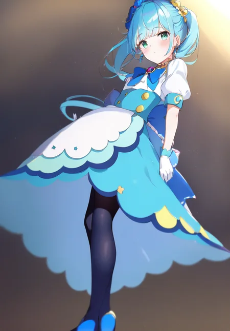 ((masterpiece, best quality)),
1 girl,standing ,full body,
cure-Spicy,small_breasts,(blue hair,)multicolored hair,((Right side ponytail,side ponytail,))
blue legwear,dress,gloves,((navy blue pantyhose)), puffy sleeves,white gloves,navy blue footwear,brooch,jewelry,bangs,frills,flower,((blue skirt,long skirt,))high heels,jewelry,
<lora:Cure-Spicy_v2:0.6:ALL1>