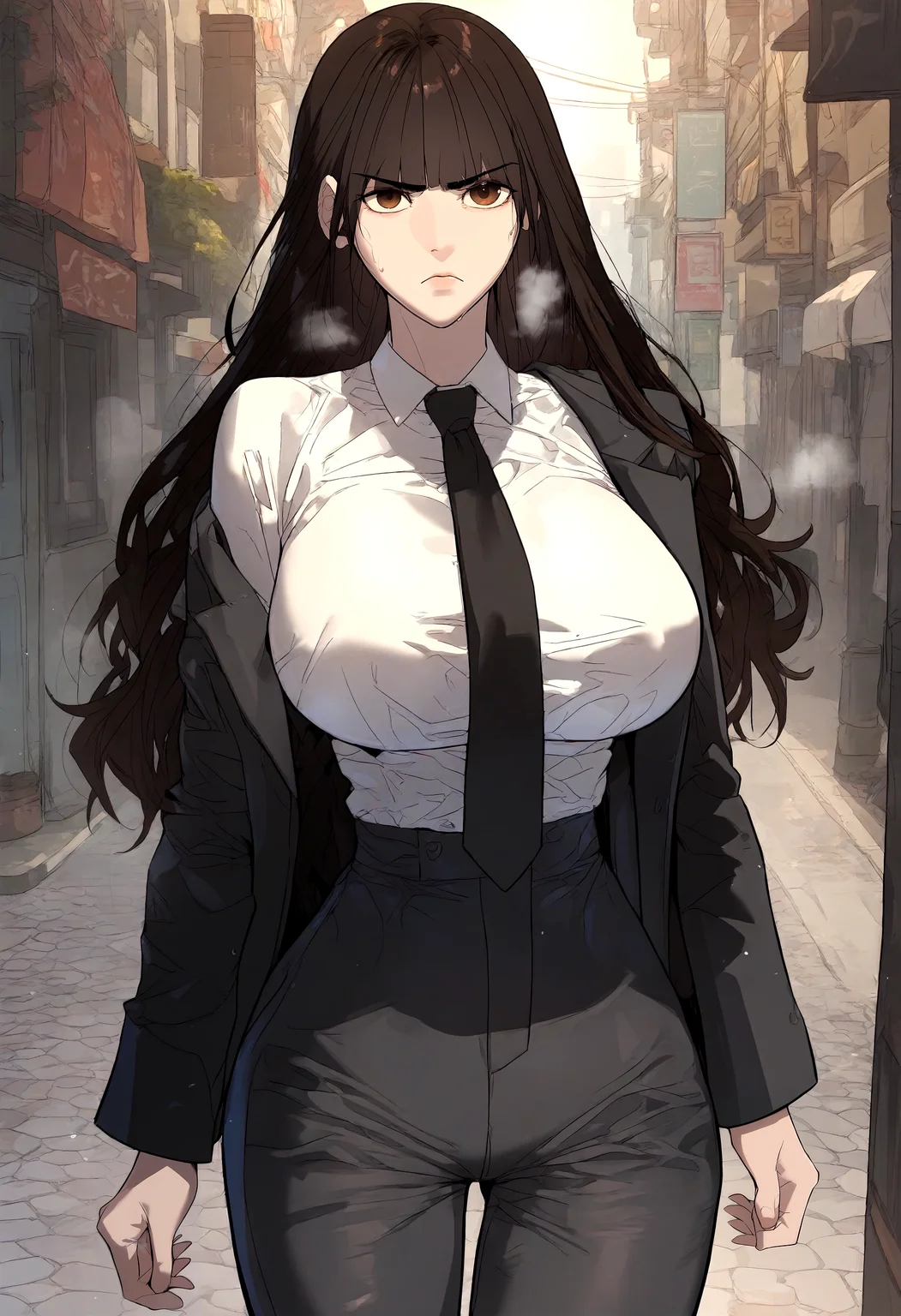 score_9, score_8_up, score_7_up, score_6_up, source_anime, rating_explicit, 1girl, solo, huge breasts, <lora:Lee yuna prefectPonyxl:0.9> long hair, brown eyes, brown hair, blunt bangs, black hair, black necktie, black jacket, long sleeves, white shirt, collared shirt, high-waist pants, black pants, serious, Narrow shoulders, heavy breathing, steaming body, street, outdoors, looking at viewer