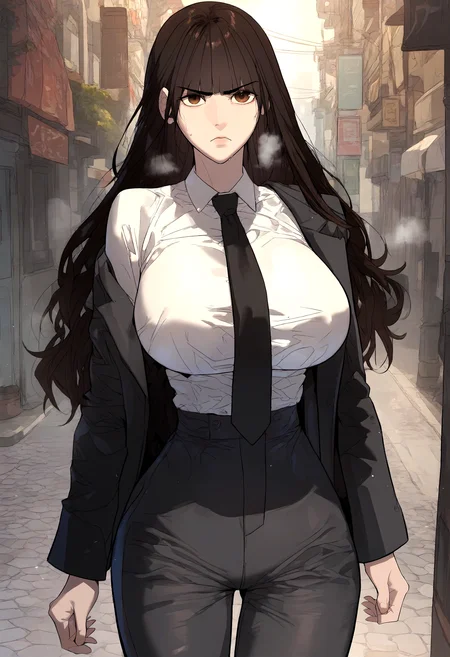 score_9, score_8_up, score_7_up, score_6_up, source_anime, rating_explicit, 1girl, solo, huge breasts, <lora:Lee yuna prefectPonyxl:0.9> long hair, brown eyes, brown hair, blunt bangs, black hair, black necktie, black jacket, long sleeves, white shirt, collared shirt, high-waist pants, black pants, serious, Narrow shoulders, heavy breathing, steaming body, street, outdoors, looking at viewer