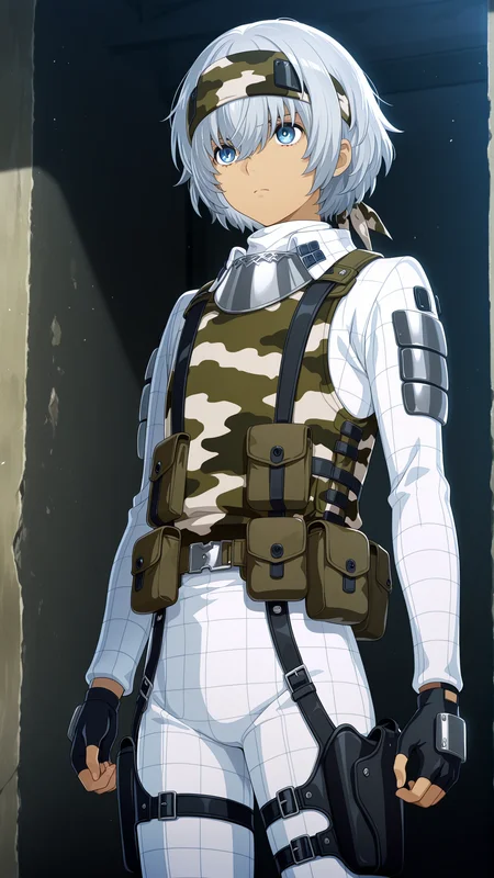 Masterpiece, best quality, newest, solo, 1boy, male focus, <lora:IlluWill:0.9> illuwillb, dark skin, hair between eyes, white hair, blue eyes, bodysuit, (camouflage:1.5), headband, fingerless gloves, pouch, holster, serious,