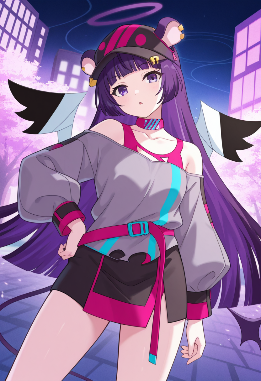 1girl,solo,<lora:shimmakkil:0.9>,shimmakk_(show_by_rock!!),blue eyes,halo,purple eyes,purple hair,long hair,blunt bangs,ear piercing,animal ears,multicolored wings,tail,long sleeves,off-shoulder shirt,grey shirt,puffy long sleeves,bare shoulders,black headwear,baseball cap,pink belt,black skirt,looking_at_viewer,cowboy_shot,dynamic_angle,head_tilt,triangle_mouth,hand on own hip,legs_apart,night,park,masterpiece,best quality,good quality,newest,incredibly absurdres,