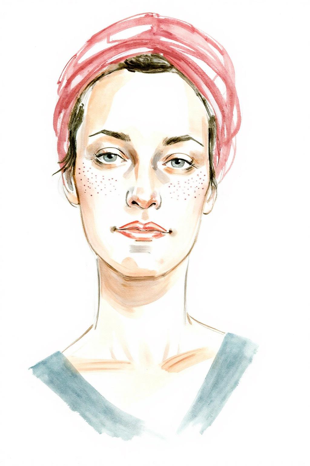 watercolor illustration. 
A woman with a serene expression looks directly at the viewer. She has freckles on her cheeks, indicated by small dots. Her eyes are almond-shaped, and her lips are slightly pursed, giving a calm and introspective appearance. <lora:watercolor.comic1_cap_d6a3:1.0><lora:830618483164416356:0>
