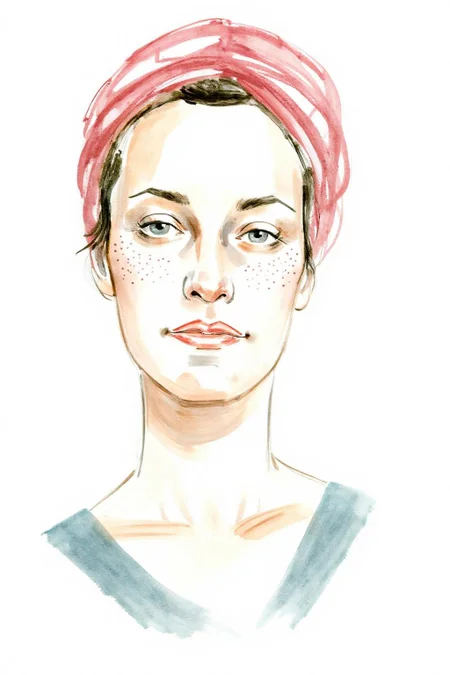watercolor illustration.
A woman with a serene expression looks directly at the viewer. She has freckles on her cheeks, indicated by small dots. Her eyes are almond-shaped, and her lips are slightly pursed, giving a calm and introspective appearance. <lora:watercolor.comic1_cap_d6a3:1.0><lora:830618483164416356:0>