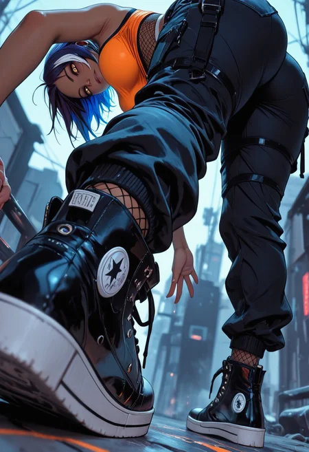 highres, very detailed, amazing quality, masterpiece,
very aesthetic,
particle effect,
1girl, yoruichi, large breasts, curvy, short hair, streaked hair, blue hair, white hair, orange crop top, fishnets underneath clothing, black baggy pants, converse shoes, 
big shoes, shoes focus, foot on ground, crouched down, 
Close up, ants eye view, from below, depth of field, ray_tracing, cowboy shot, extreme foreshortening, very aesthetic, cinematic, vibrant colors,