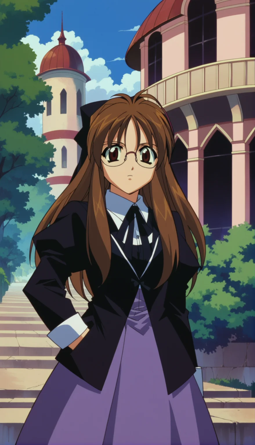 score_9,score_8_up,score_7_up,Nikaido Yoriko Pony,1990s \(style\),1girl,solo,brown hair,glasses,long hair,brown eyes,gothic_lolita,<lora:Nikaido Yoriko Pony:0.9>,cowboy shot,gothic architecture,;d,