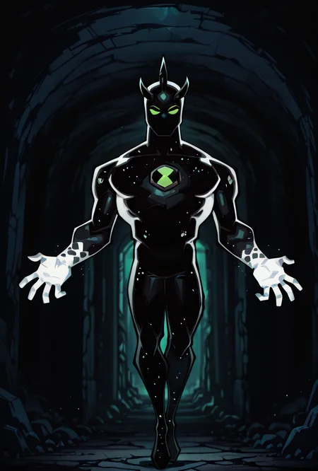 <lora:alienx-09:1> alienx, 1boy, green eyes, horns, matte black skin, full body, dynamic pose, white hands, wide face, white spots on body,   <lora:sakfsdajfkasd:1> alpharecdyt, inside black cave, black rocks, white crystals,, masterpiece, best quality, amazing quality, very aesthetic, absurdres, newest,
