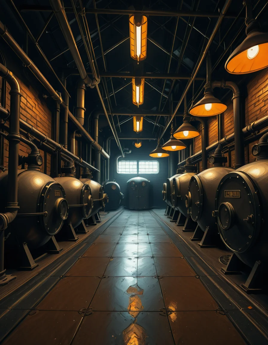 A highly detailed and realistic photograph of an industrial boiler room filled with large metal boilers, complex pipe systems, and pressure gauges. The room is dimly lit with a mix of warm yellow lighting from overhead industrial lamps and cool blue reflections from metallic surfaces. The air is slightly hazy with steam escaping from some of the pipes. The floor is made of reinforced concrete with visible stains from oil and water. Various control panels with blinking LED indicators and warning signs are mounted on the walls. The atmosphere is rugged and mechanical, evoking a sense of power and industrial efficiency. The depth of field is sharp, capturing intricate details such as rust on old pipes, the texture of the metal surfaces, and the labels on the control panels. The composition emphasizes symmetry, with pipes and machinery creating a structured, almost futuristic aesthetic.
<lora:SDXLFaeTastic2400:0.4> <lora:extremely_detailed:0.4> extremely detailed, <lora:industrial_boiler_room-i:1>,industrial b01l3r r00m, Masterpiece,best quality,hi res,8k,hi res,8k,award winning,(sharp focus, intricate, highly detailed),