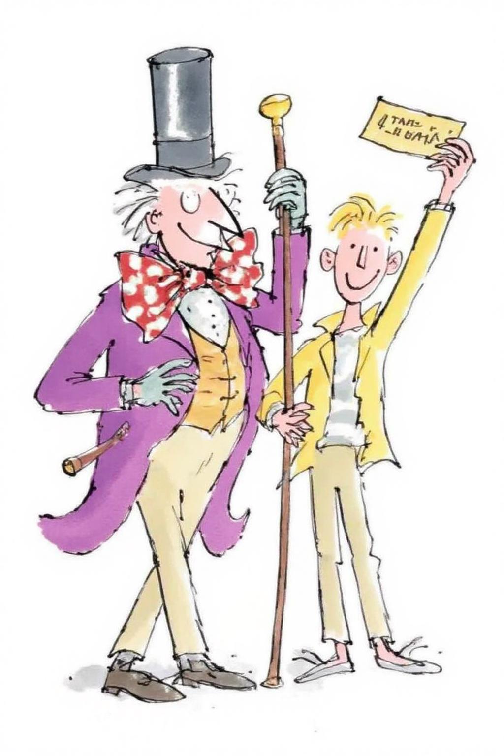 qub1 illustration. 
And tall, thin elderly man and a young man. On the left is an elderly man has unkempt white hair, is wearing a tall black top hat and a purple jacket adorned with a large, polka-dotted bow tie. He is holding a cane with a golden tip. On the right is a blnde young man, wearing a yellow jacket, holding up a ticket. <lora:qub1_cap_d6a3e12:1.0><lora:826981676656744890:0>