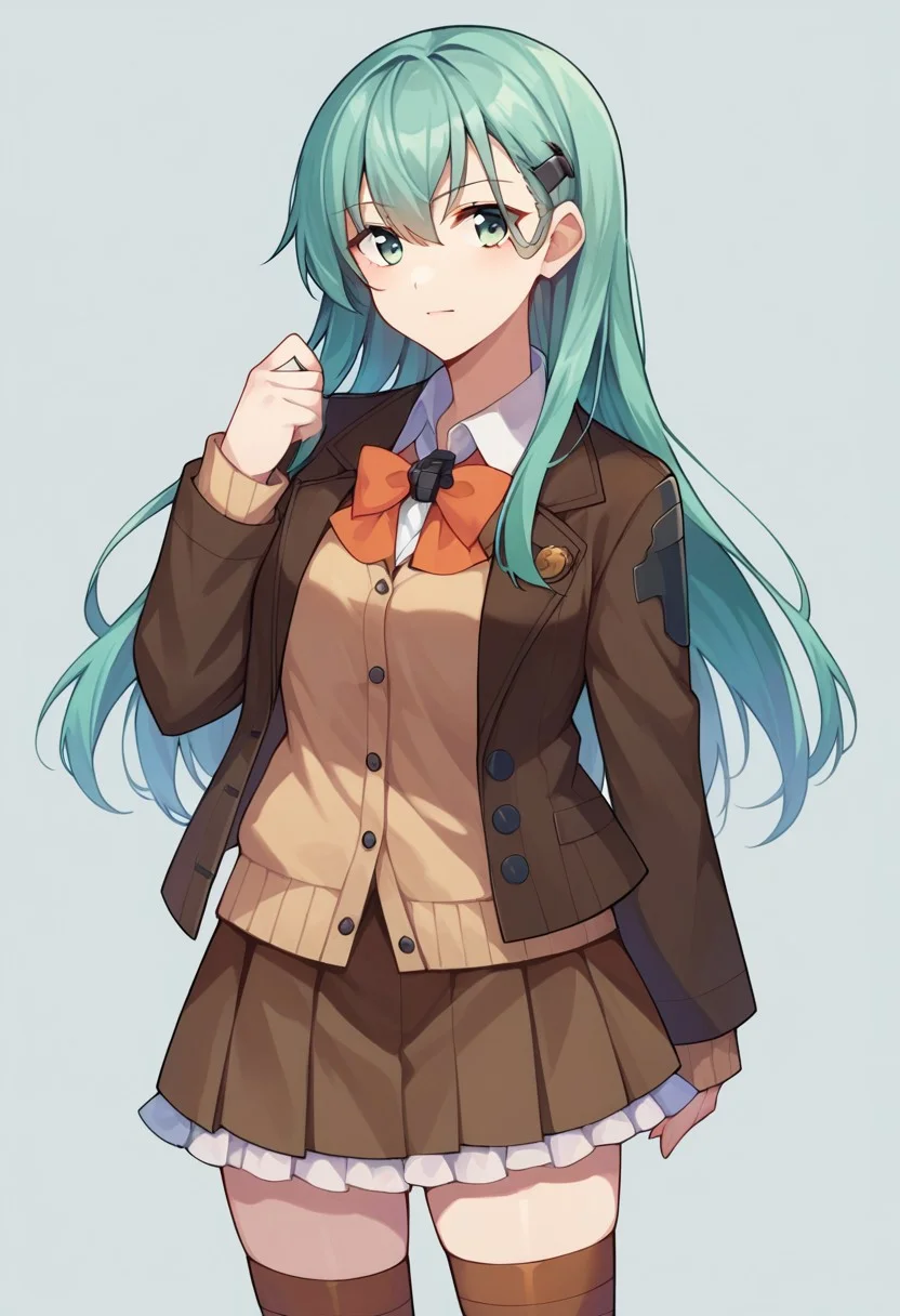 score_9, score_8_up, score_7_up, source_anime, suzuya (kancolle), hairclip, blazer, brown skirt, ascot, brown thighhighs, cowboy shot, bowtie, cardigan, frills, brown jacket
