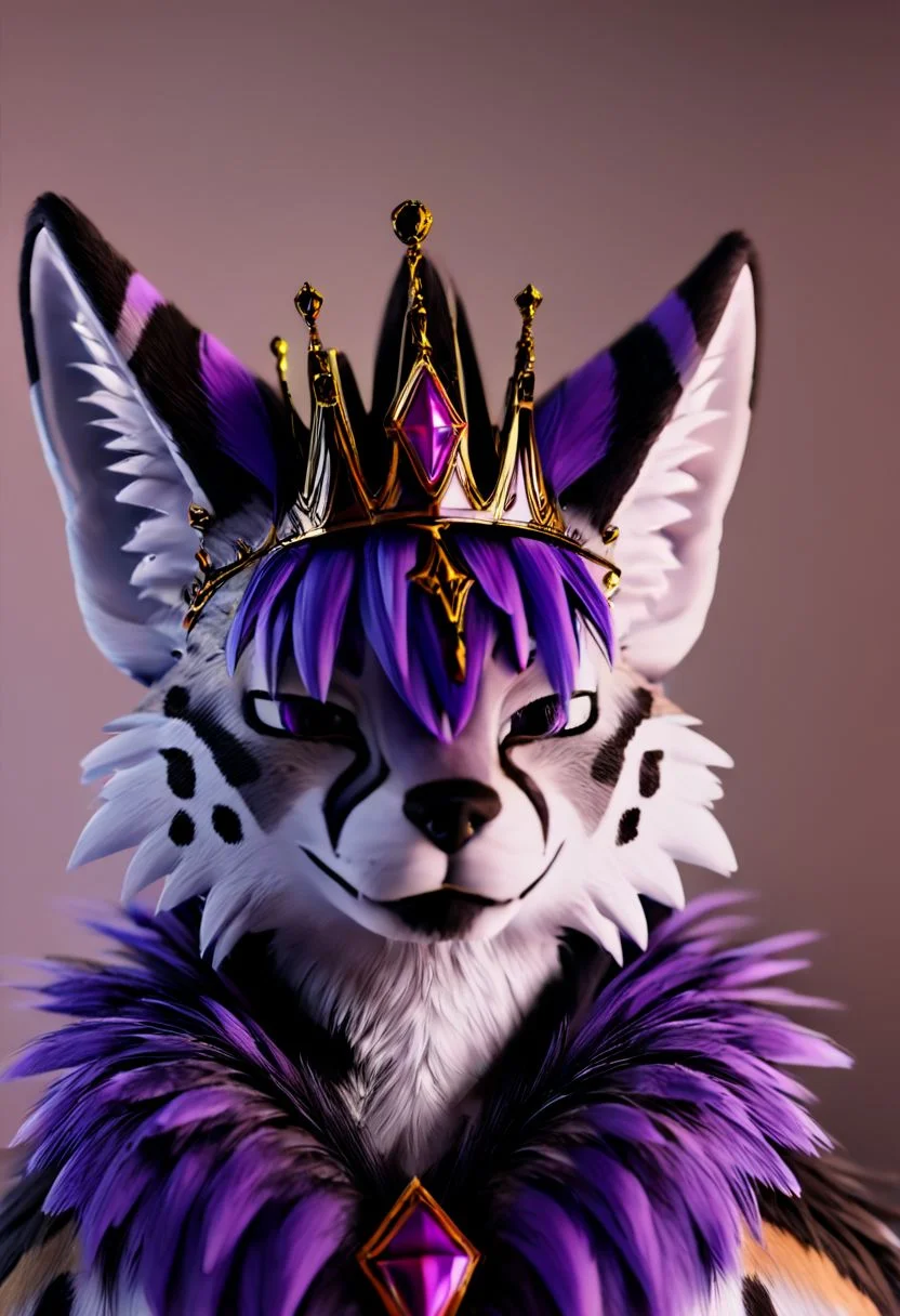 Fluffy male Serval, extremely detailed furs, 4k, 8k, good lighting, 3D, wearing crown with purple gem and warmers and undergarments, good face, Hyper realistic fur, High Definition, very fluffy and very defined fur, sharp and clear image, high quality, purple hair, full view