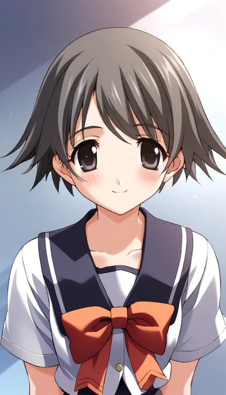 1girl,megumi, short sleeves sumisora uniform, shortmegumi,masterpiece,best quality,solo,very aesthetic,absurdres,game cg,simple background,white background,cowboy shot,upper body,close up,smile,looking at viewer,(illustration:1.2),(extremely fine and beautiful),(perfect details),(unity CG 8K wallpaper:1.05),(ray tracing),(beautiful and clear background:1.25),(depth of field:0.6),(beautiful face:1.2),<lora:MemoriesOffDuetAIOXL-000006:0.8>,from side,blush,