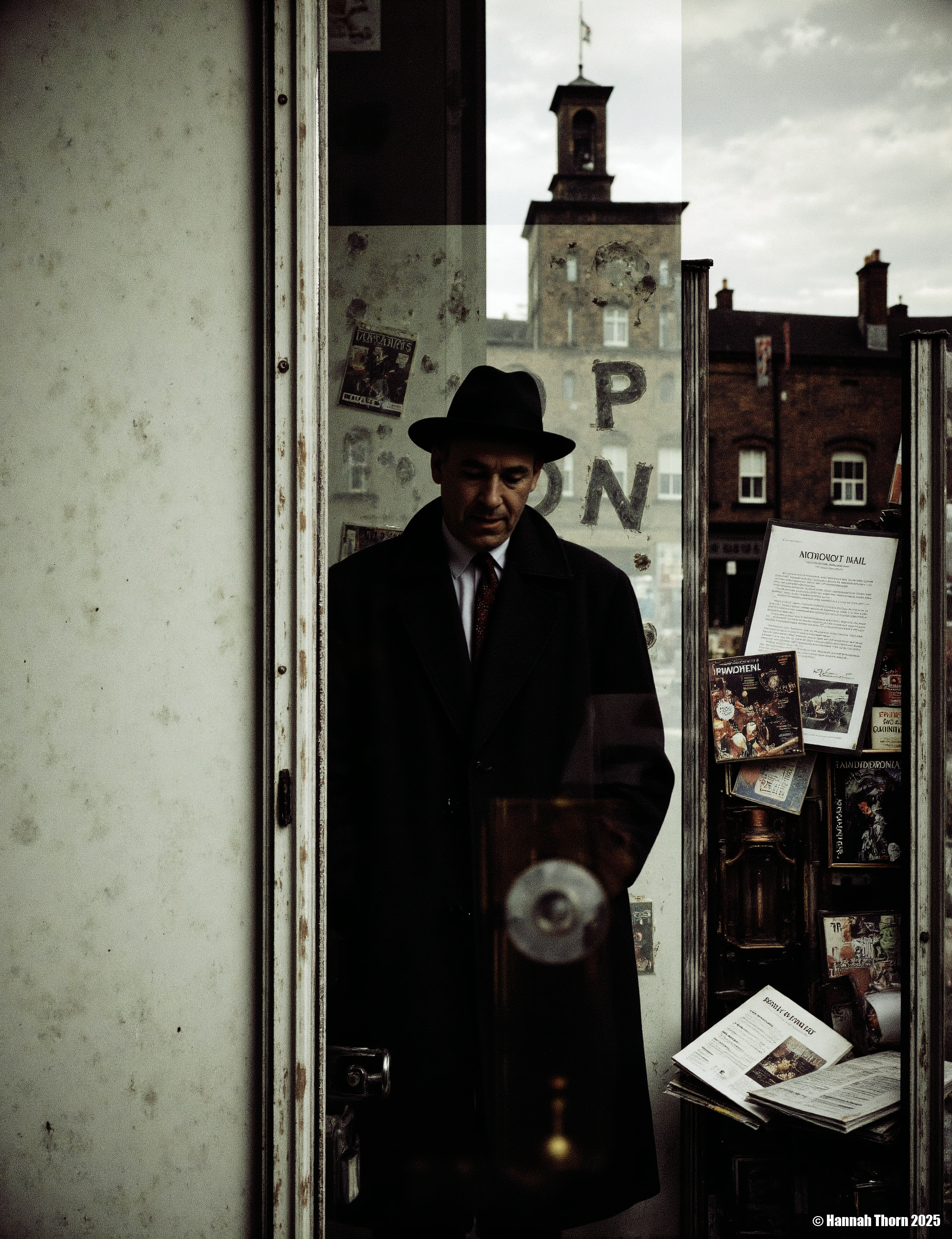 A black and white photograph of a man standing behind a store window, casting a shadow on the glass. the man is wearing a hat and a cloak, and his face is partially obscured by the shadow. he is standing in the middle of the image, with his full body visible. the store window behind him is filled with various items such as books, magazines, and a sign that reads "open". the background shows a brick building with a tower, and the sky is visible through the window. the image has a vintage feel to it, with a focus on the man and the items in the foreground.<lora:_Flux\Saul_Leiter_Streetphotography.safetensors:1.0:1.0>
