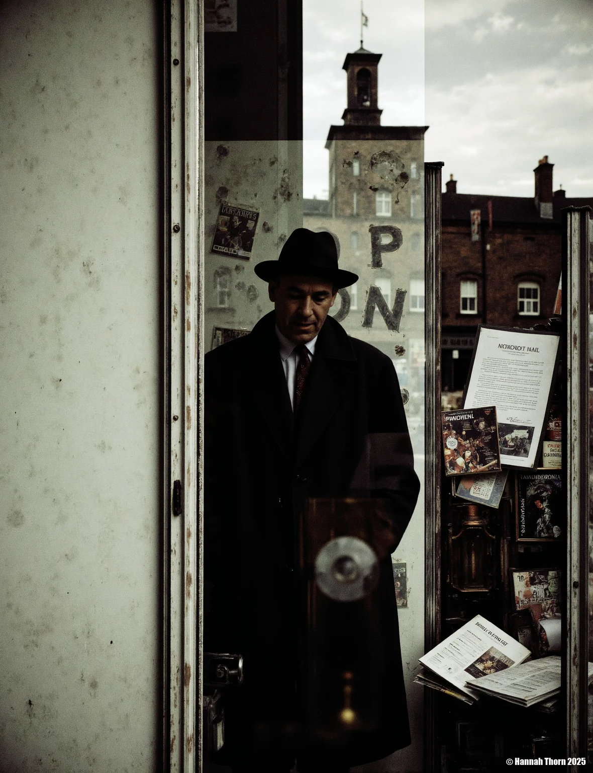A black and white photograph of a man standing behind a store window, casting a shadow on the glass. the man is wearing a hat and a cloak, and his face is partially obscured by the shadow. he is standing in the middle of the image, with his full body visible. the store window behind him is filled with various items such as books, magazines, and a sign that reads "open". the background shows a brick building with a tower, and the sky is visible through the window. the image has a vintage feel to it, with a focus on the man and the items in the foreground.<lora:_Flux\Saul_Leiter_Streetphotography.safetensors:1.0:1.0>