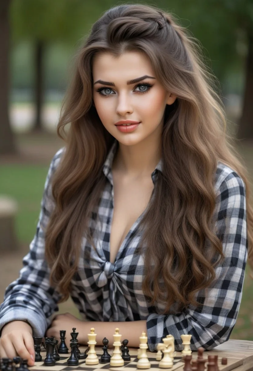 25yo busty 3K4T3R1N4 play chess in park, knotted shirt, adorable face, long hair