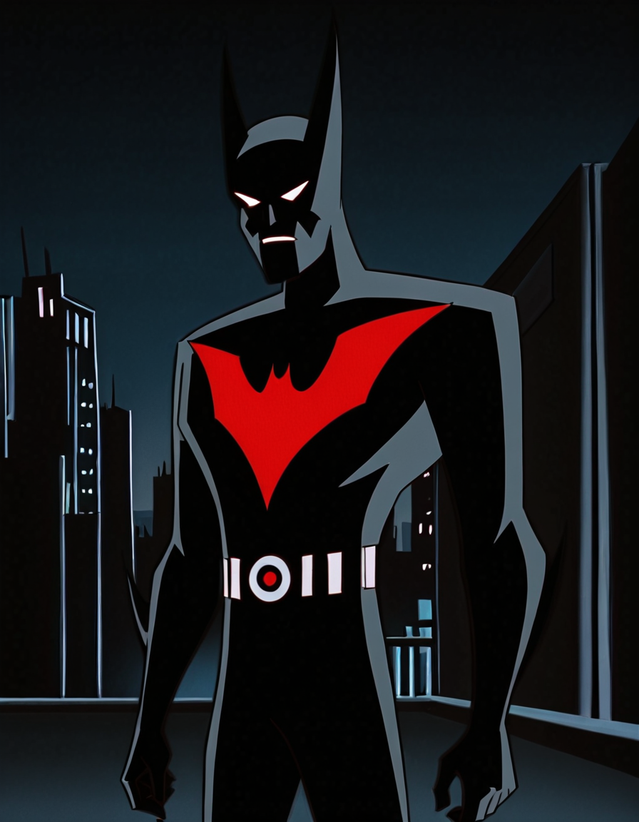 <lora:TerryBatmanBIllustrious1.0JLFO:1> batmanbeyond,  batsuit, bodysuit, superhero, white eyes, glowing eyes, mask, belt,horns,, looking at viewer, cowboy shot,looking at viewer, night, dark,cityscape,