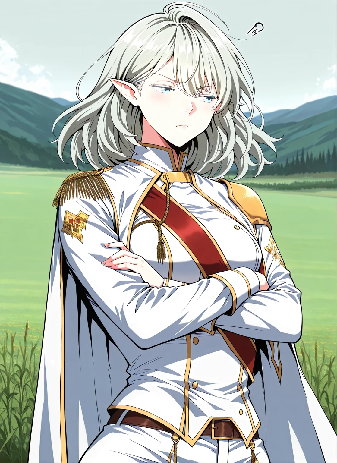 <lora:Alea_Triscan__The_Beginning_After_the_End__Illustrious:1>
1 girl, solo, elf, pointy ears, light blue eyes, grey hair, medium hair, hair behind ear, hair between eyes,ahoge, military uniform, white cape, epaulettes, jewelry, white pants, long sleeves, belt, white jacket, red sash
score_9, score_8_up, score_7_up, very aesthetic, source_anime, detailed, high quality, beautiful, masterpiece, detailed eyes, field, blurry background, pose dynamic angle, upper body, cowboy shot, floating hair, half-closed eyes, arms crossed, looking to the side, pouting, sulking, <lora:iLLMythG0thicL1nes:1>