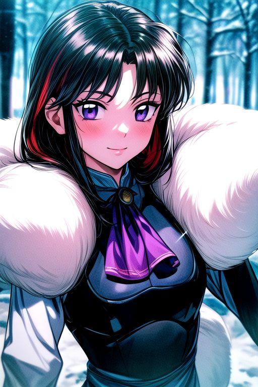 1girl Setsun4 solo long hair,  black hair very long hair purple eyes multicolored hair armor (fur trim) (medium body),<lora:EMS-179-EMS:0.800000>,<lora:EMS-293862-EMS:0.800000> bow, hair_bow, hair_tubes, red_bow, brown_hair, long_hair, bangs, ascot, frilled_bow, yellow_ascot, blush, smile, hair_between_eyes, athletic, (masterpiece:1.1), (best quality:1.1), 1girl, Real light and shadow, anime face, 4k, 8k, wallpaper,epic, detail texture, black hair, (blue eyes:1.5), ((((black hair:1.35, medium hair)))),intricate eyes,beautiful detailed eyes,symmetrical eyes,big eyes:1.5,(((lustrous skin:1.5,bright skin: 1.5,skin tanned,shiny skin,very shiny skin,shiny body,plastic glitter skin,exaggerated shiny skin,illuminated skin))),(detailed body,(detailed face)), cute, erotic,daring, (((medieval man armor,adventurer man armor,winter coat))),(((intricate outfit,intricate clothes, ushanka, embroidered outfit,ornate outfit,embroidered clothes,ornate armor))), (dynamic pose:1.0),happy,smile,(centered,scale to fit dimensions,Rule of thirds), ((snowy pine forest at night)), with dark stormy clouds,winter,scenery:1.25,((snow forest background)),Christmas tree, highres,sharp focus,(ultra detailed,extremely detailed),(photorealistic artwork:1.37),(extremely detailed CG unity 8k wallpaper),(((vibrant colors,vibrant theme))),(intricate),(masterpiece),(best quality),