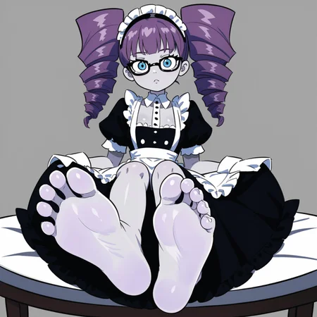 Nelnalium, 1girl, solo, drill hair, glasses, blue eyes, dress, apron, twin drills, looking at viewer, Juliet sleeves, puffy sleeves, hairband, black-framed eyewear, maid, twintails, frills, black dress, purple hair, grey skin, sitting, barefoot, soles, foot focus