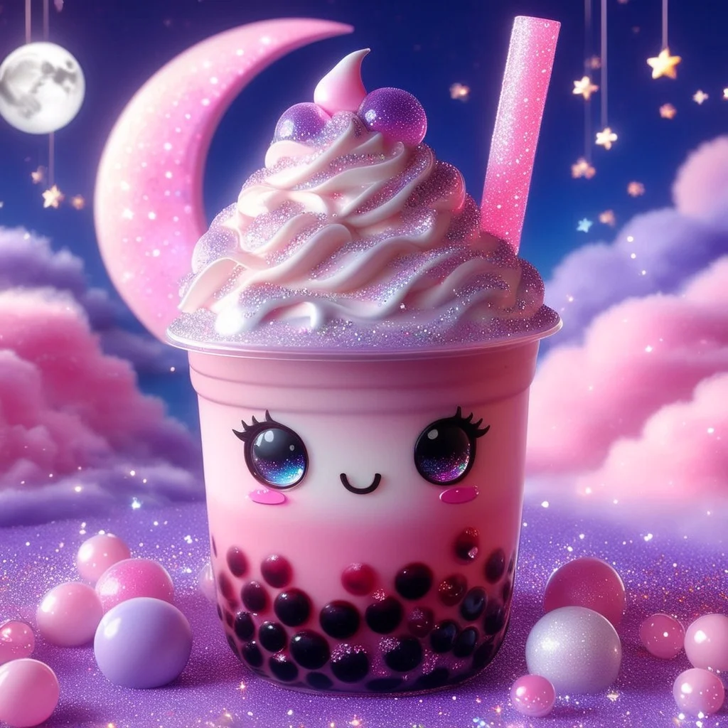 bubble tea,big kawaii anime eyes, blush stickers, cherry, :3, bubble tea, whipped cream on top, blurry, solo, moon, rainbow,glitter on top