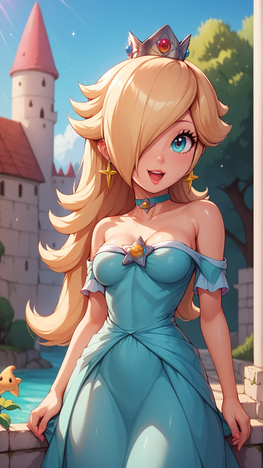 score_4,score_5,score_6,score_7_up,score_8_up,score_9 BREAK 1girl,solo,jewelry,earrings,long hair,breasts,very long hair,big hair,choker,dress,medium breasts,bare shoulders,:d,outdoors,smile,open mouth,<lora:Princess_Peach_Shiny_Style_V2:0.8>,shiny,shiny skin,rosalina,castle,