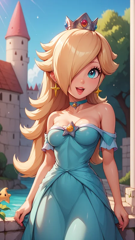 score_4,score_5,score_6,score_7_up,score_8_up,score_9 BREAK 1girl,solo,jewelry,earrings,long hair,breasts,very long hair,big hair,choker,dress,medium breasts,bare shoulders,:d,outdoors,smile,open mouth,<lora:Princess_Peach_Shiny_Style_V2:0.8>,shiny,shiny skin,rosalina,castle,