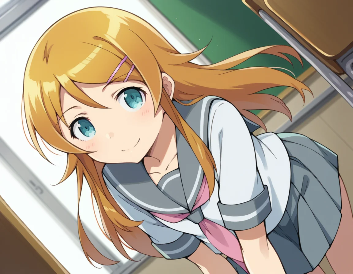 score_9, score_8_up, score_7_up, source_anime,
kirinokousaka, <lora:kirino-kousaka-s2-ponyxl-lora-nochekaiser:1>,
kirino kousaka, long hair, blue eyes, hair ornament, hairclip, orange hair, aqua eyes,
skirt, school uniform, serafuku, shirt, white shirt, grey sailor collar, grey skirt, pleated skirt, neckerchief, pink neckerchief,
indoors, classroom, smile, bent over,
looking at viewer, cowboy shot, solo, dutch angle,
