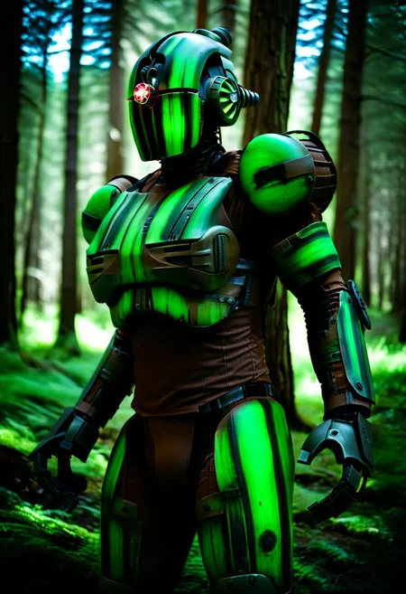 easynegative, extremely detailed, dark, chiaroscuro, low-key, AssaultronCosplay, zavy-strps, a brown assaultron robot, ((the assaultron has green stripes painted on its armor)), ((tiger stripe pattern)), in the forests of Oregon