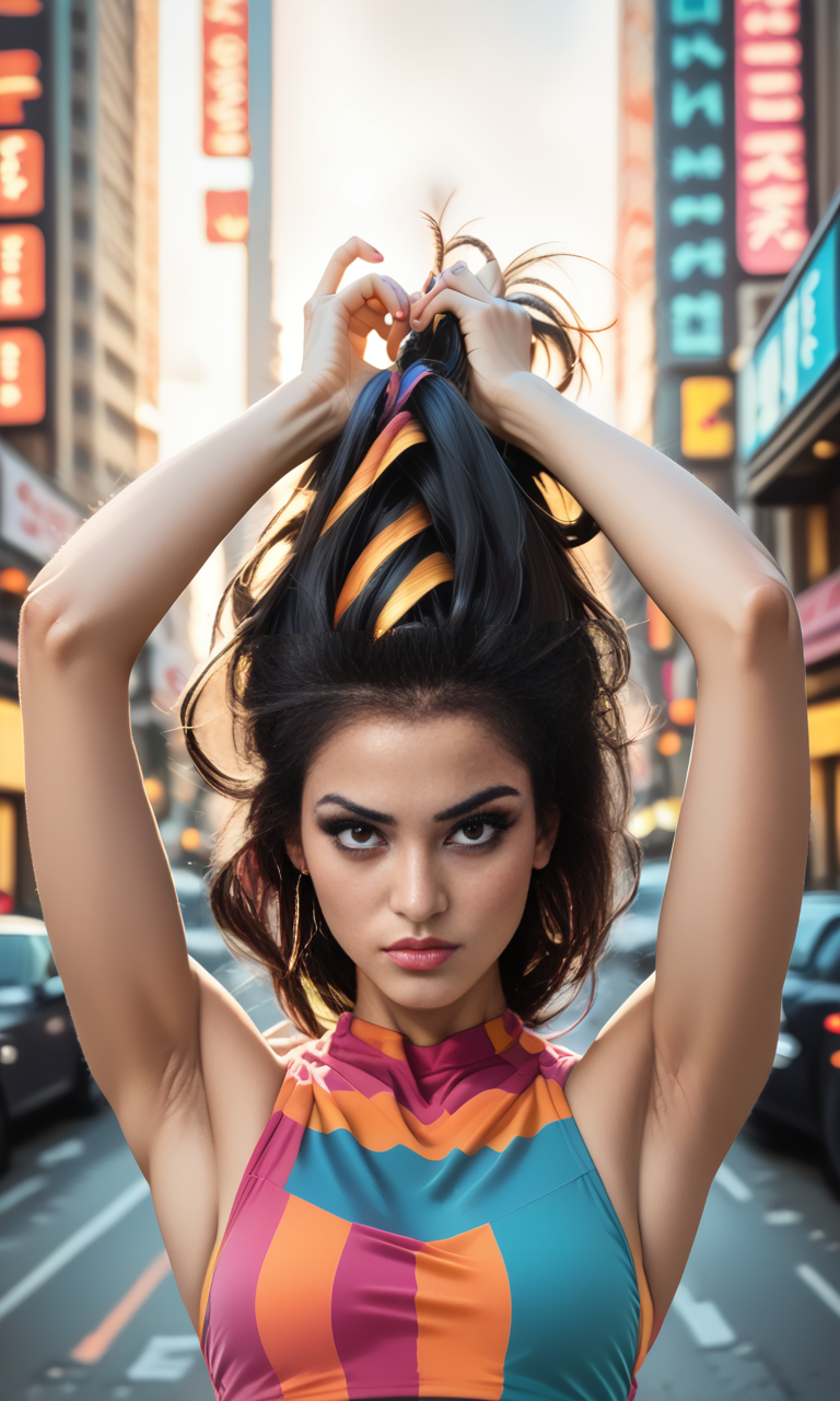 score_9, score_8_up, score_7_up, score_6_up, score_5_up, front view, slim girl in city, mkpotail, colorful striped top, long dark hair
  <lora:MakePonytailPony:1>