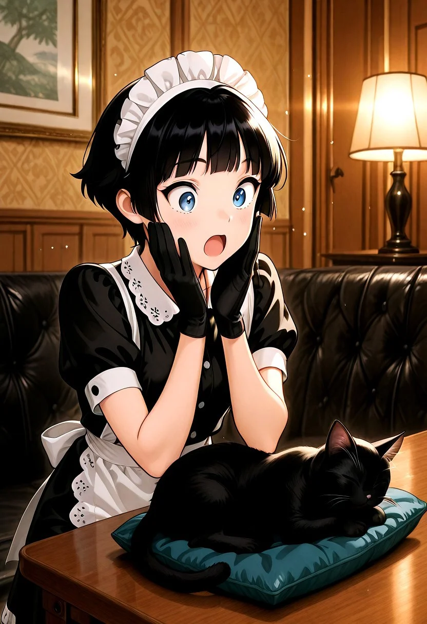 general,highres, ultra-detailed,very aesthetic,best quality ,best hands,masterpiece, best quality, newest, highres, (score_9, score_8_up, score_7_up), Enchanting Eyes, BREAK solo, 1girl, black hair, ((short hair)), hime cut, blunt bangs, (blue eyes), small breasts, ,open mouth, surprised, sparkles around head BREAK maid, apron, maid headdress, black dress, black gloves BREAK indoors, table, black cat, cat sleeping, cat curled up, cute cat, fluffy cat, cat on cushion, hands on own face, animal focus, upper body, depth of field, back-lighting, dynamic angle, cowboy shot,